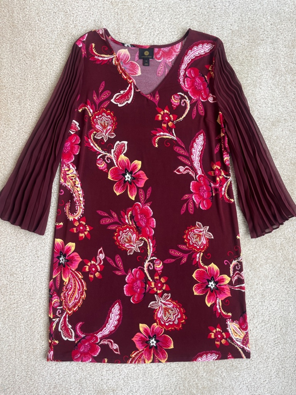 JM Collection Floral Print Long Sleeve V-neck Dress Maroon Women's Large Petite